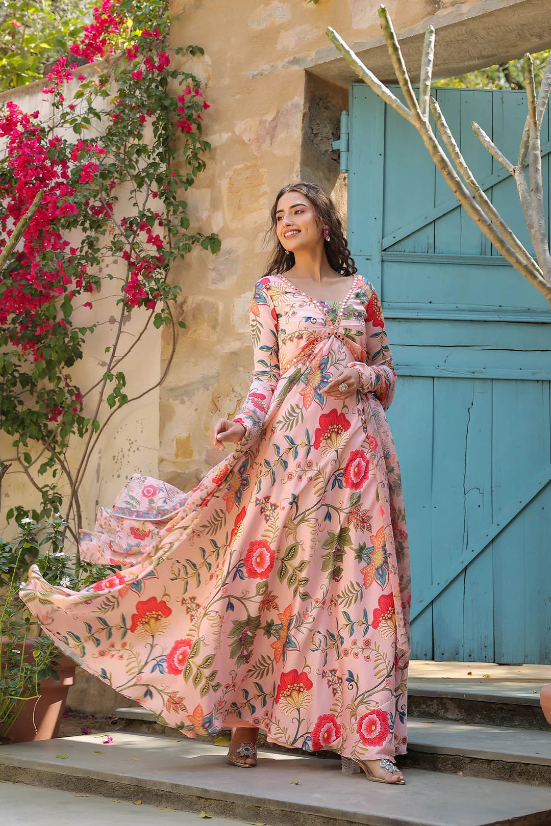 Peach Linen Satin Anarkali set velinbyrosy Peach Linen Satin Anarkali set velinbyrosy