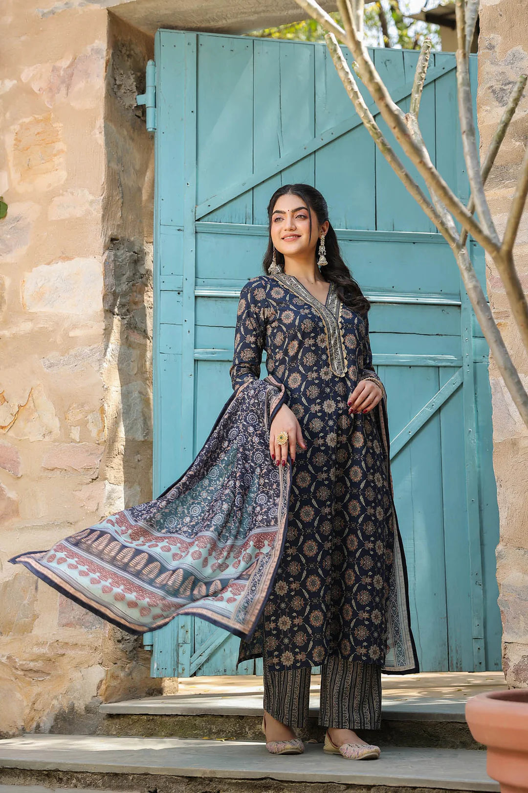 Cobalt Blue Cotton heavy gold print Dupatta Cotton suit set