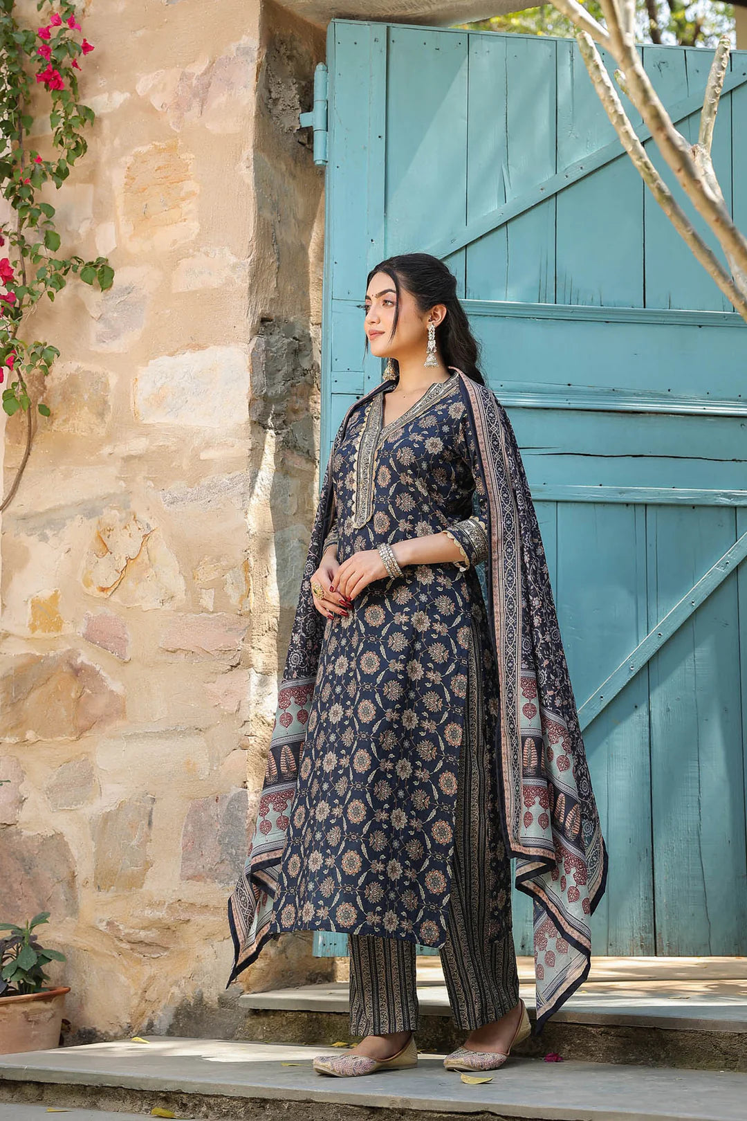 Cobalt Blue Cotton heavy gold print Dupatta Cotton suit set