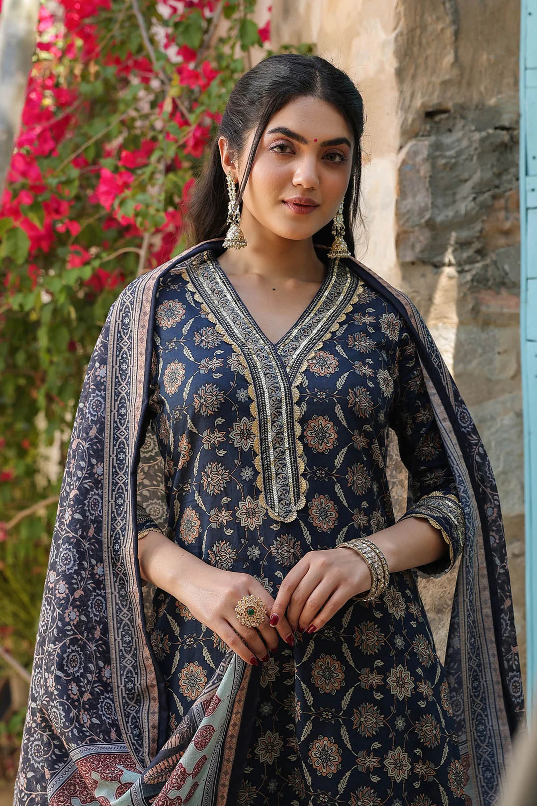 Cobalt Blue Cotton heavy gold print Dupatta Cotton suit set