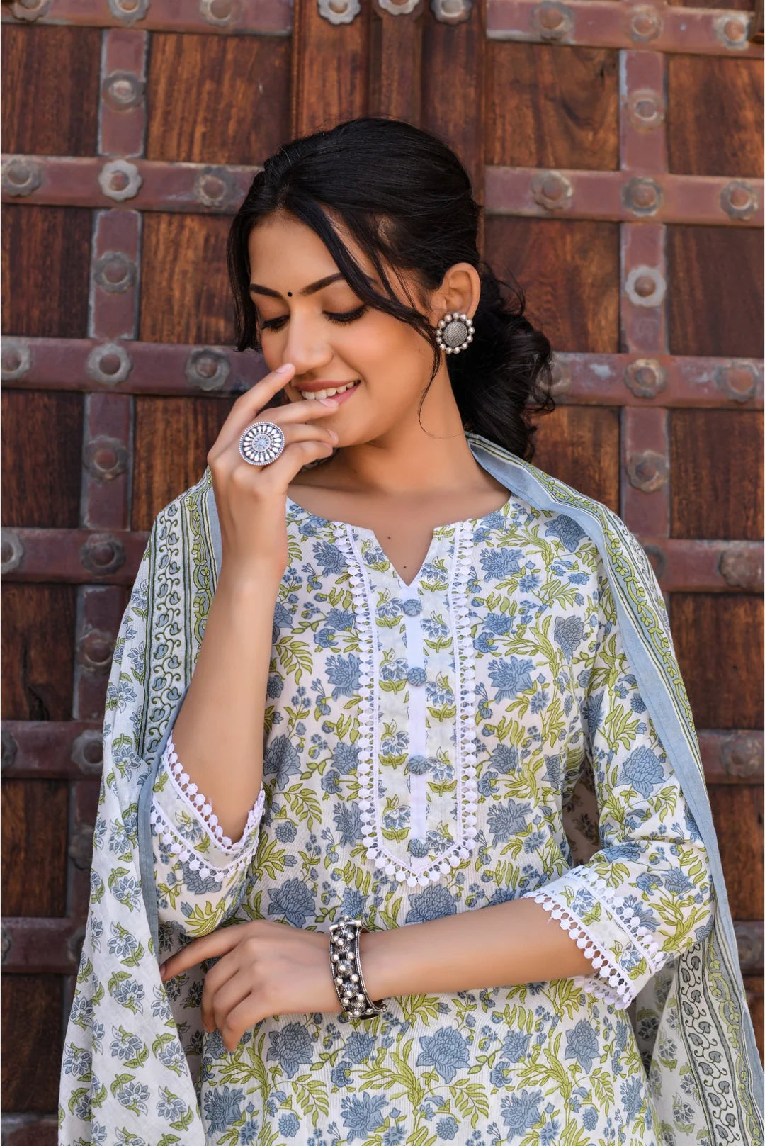 Velin By Rosy's Blue & White Floral Printed Cotton Suit Set