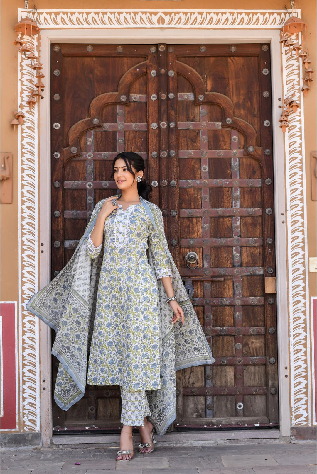 Velin By Rosy's Blue & White Floral Printed Cotton Suit Set