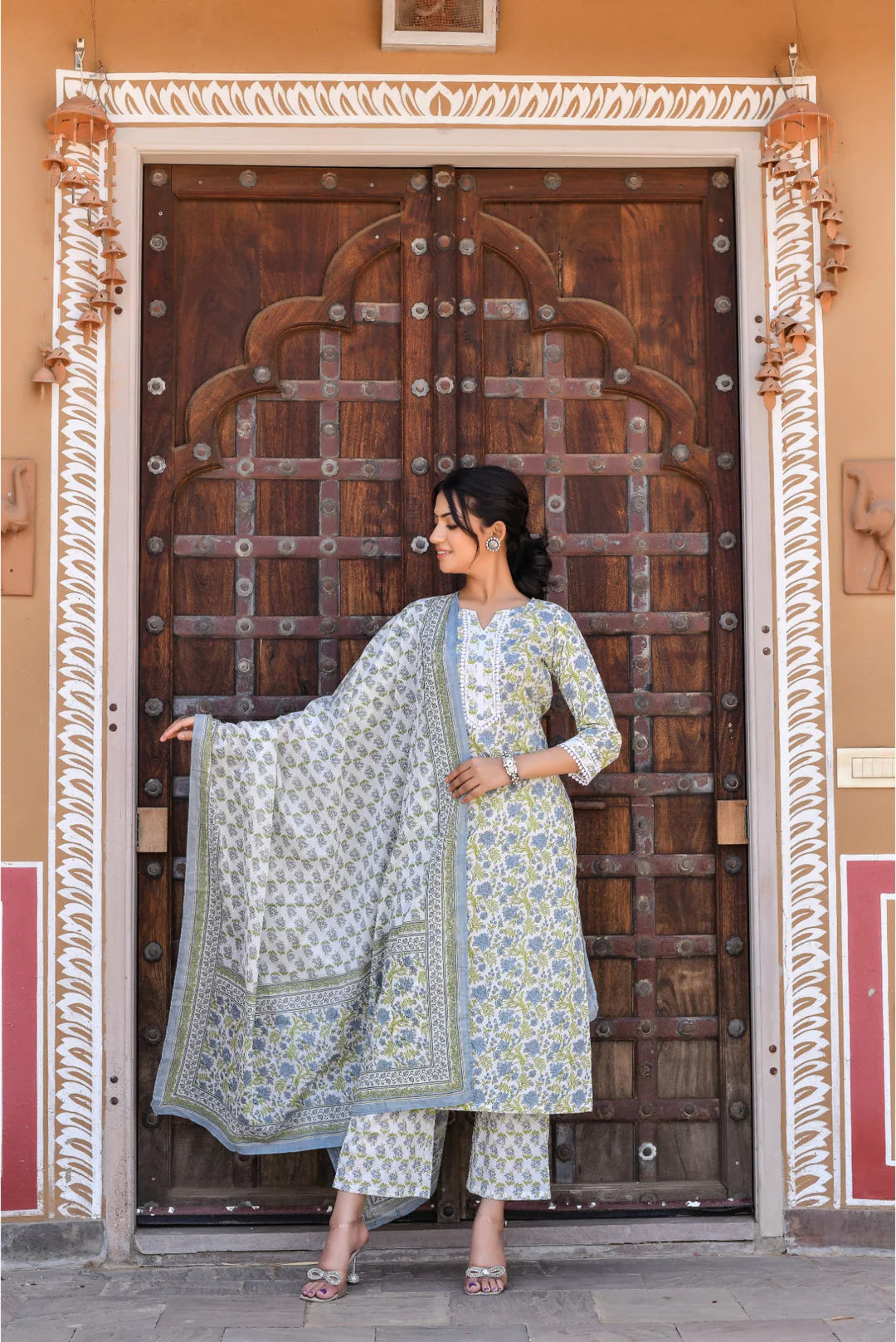 Velin By Rosy's Blue & White Floral Printed Cotton Suit Set