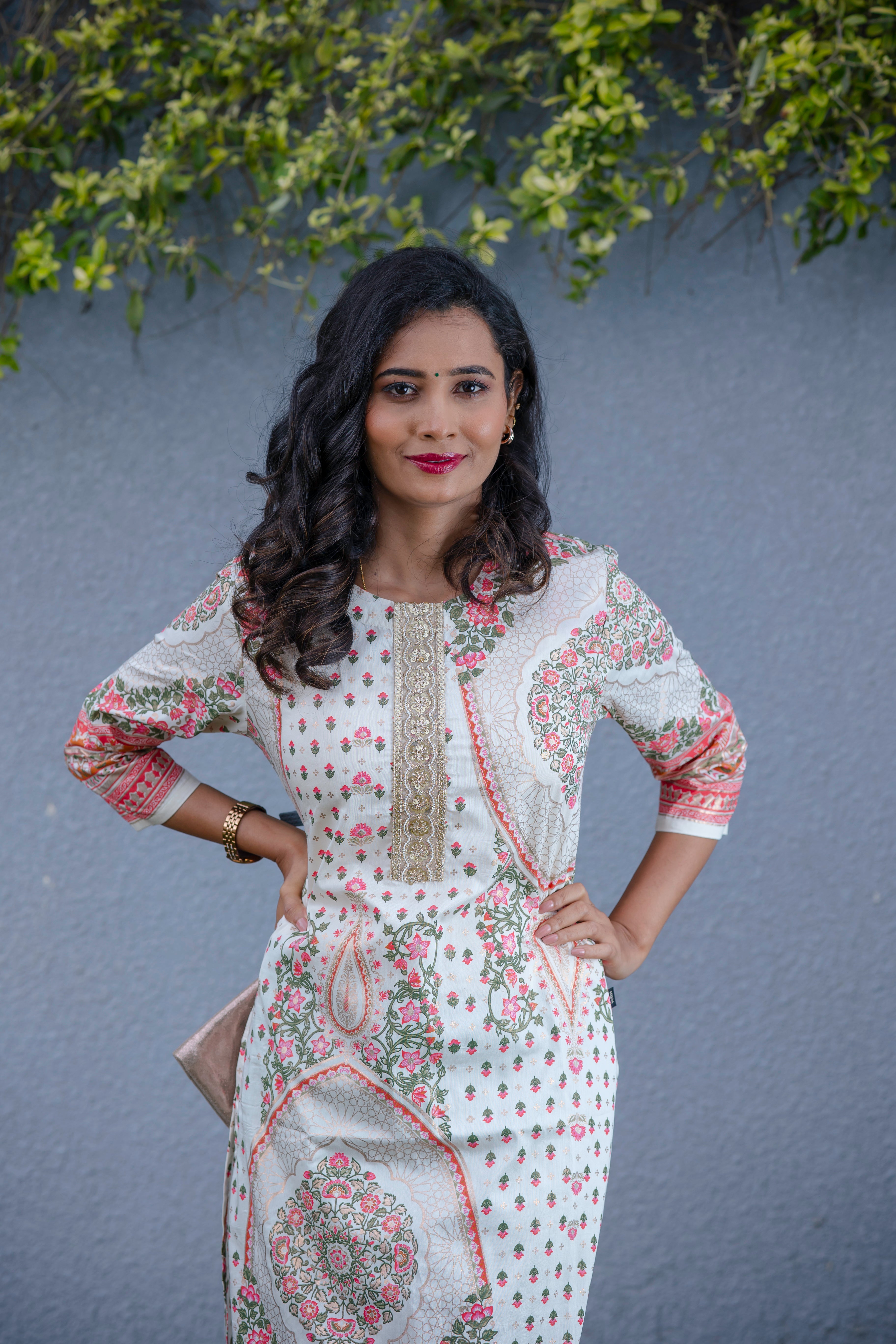 Floral Paisley Printed Silk Kurta Set