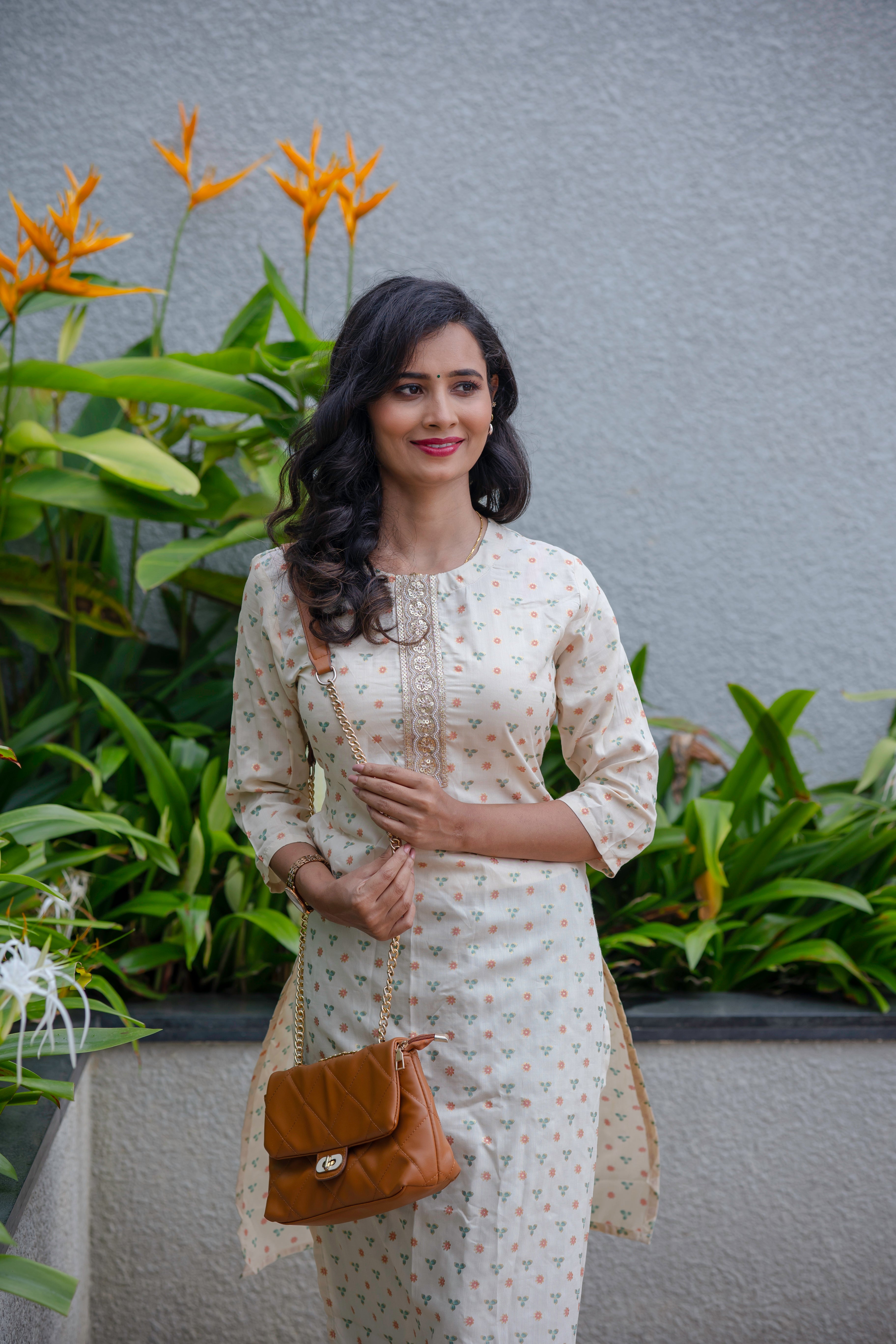 Floral Soft Silk Pastel Kurta And Green Pant Set