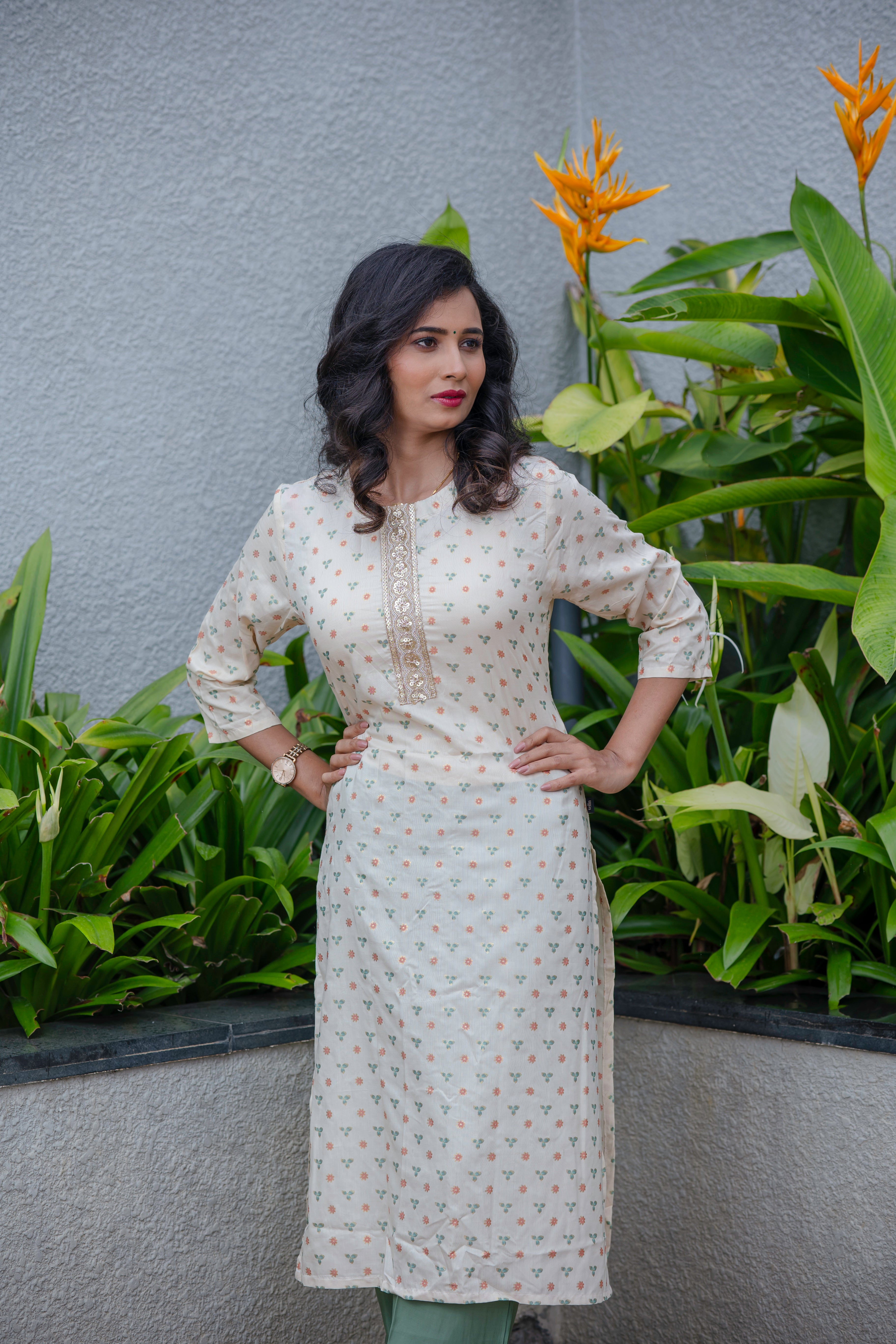 Floral Soft Silk Pastel Kurta And Green Pant Set