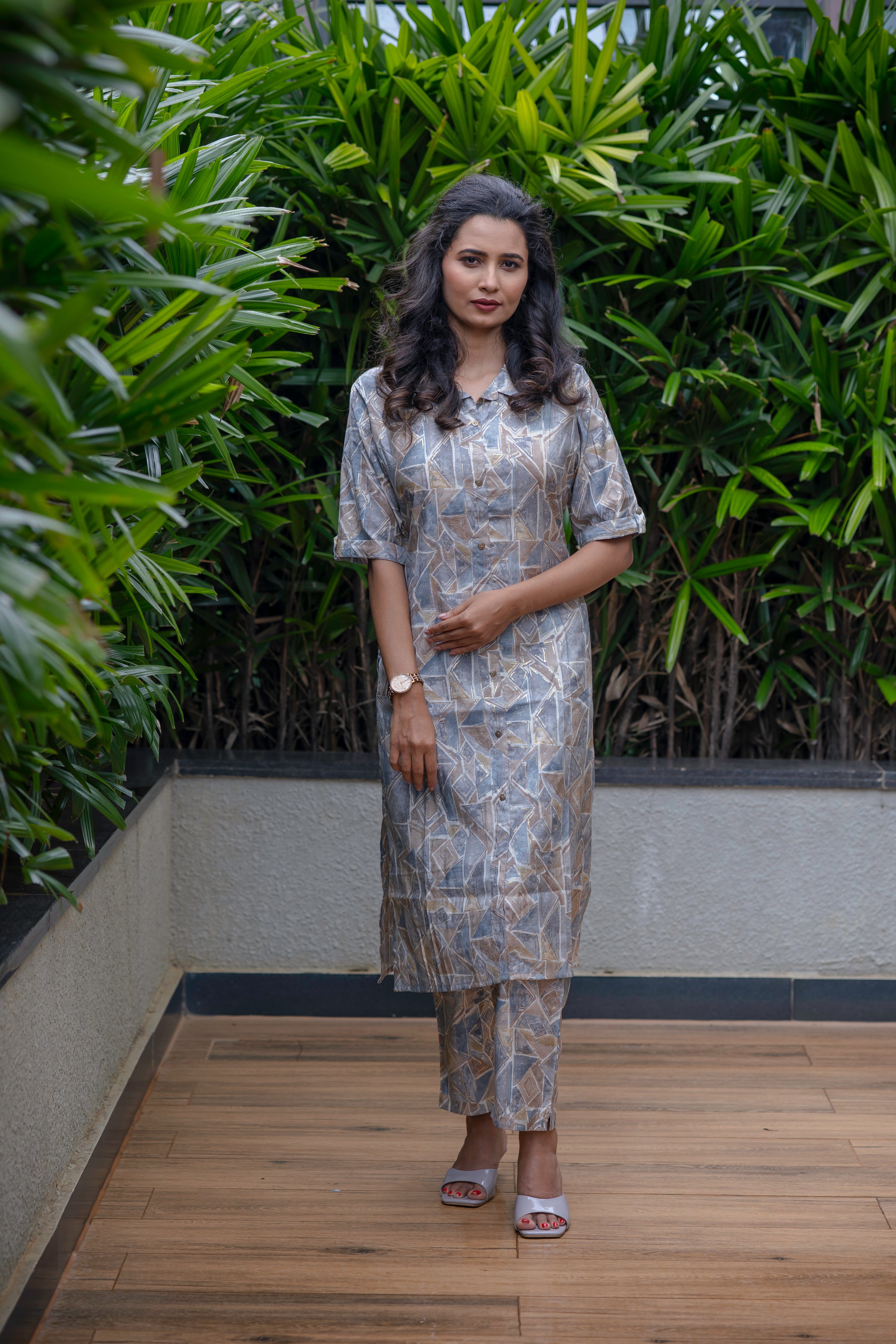 Grey Geometric Printed Cotton Silk Kurta Set
