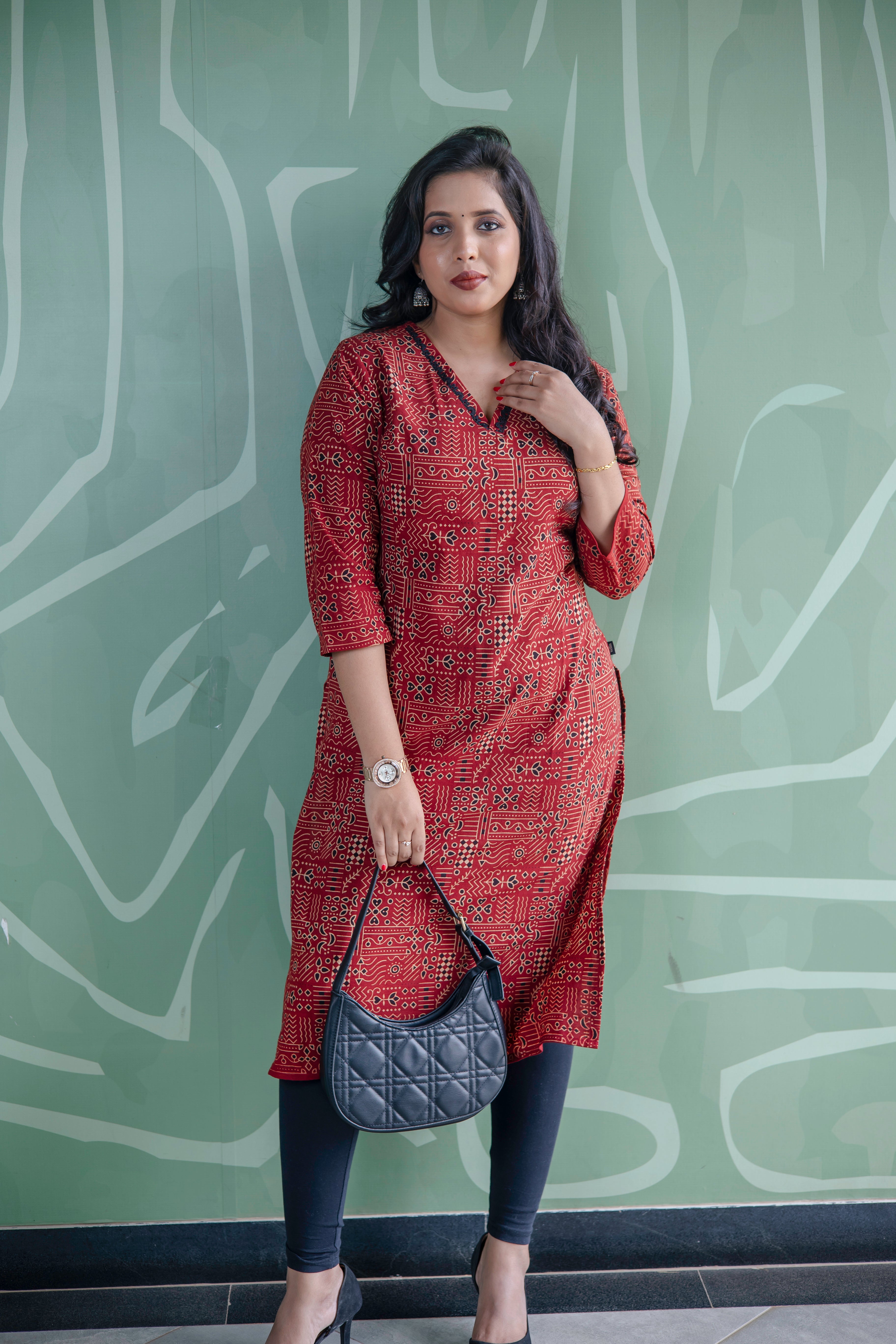 Elegant Red Printed Cotton Kurta